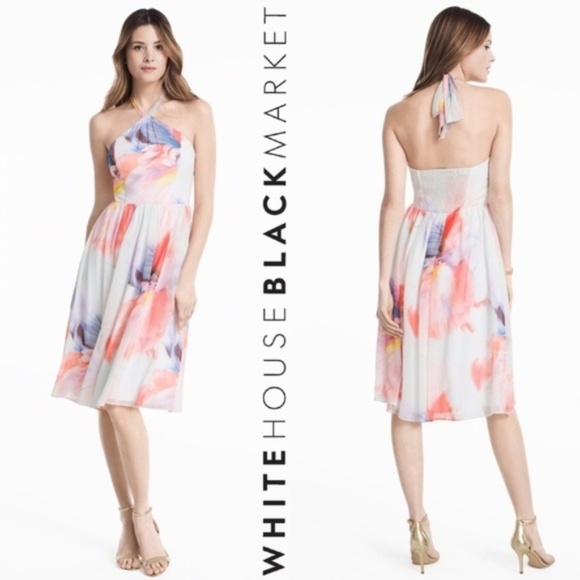 White House Black Market Dresses & Skirts - WHBM Chiffon Watercolor Print Halter Dress Size 0P